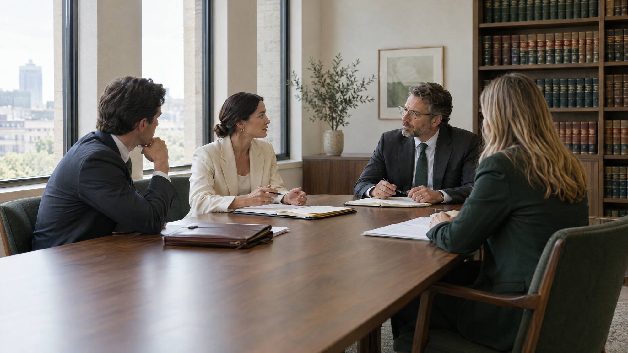 Attorneys of the firm in discussion around a long walnut conference table.
