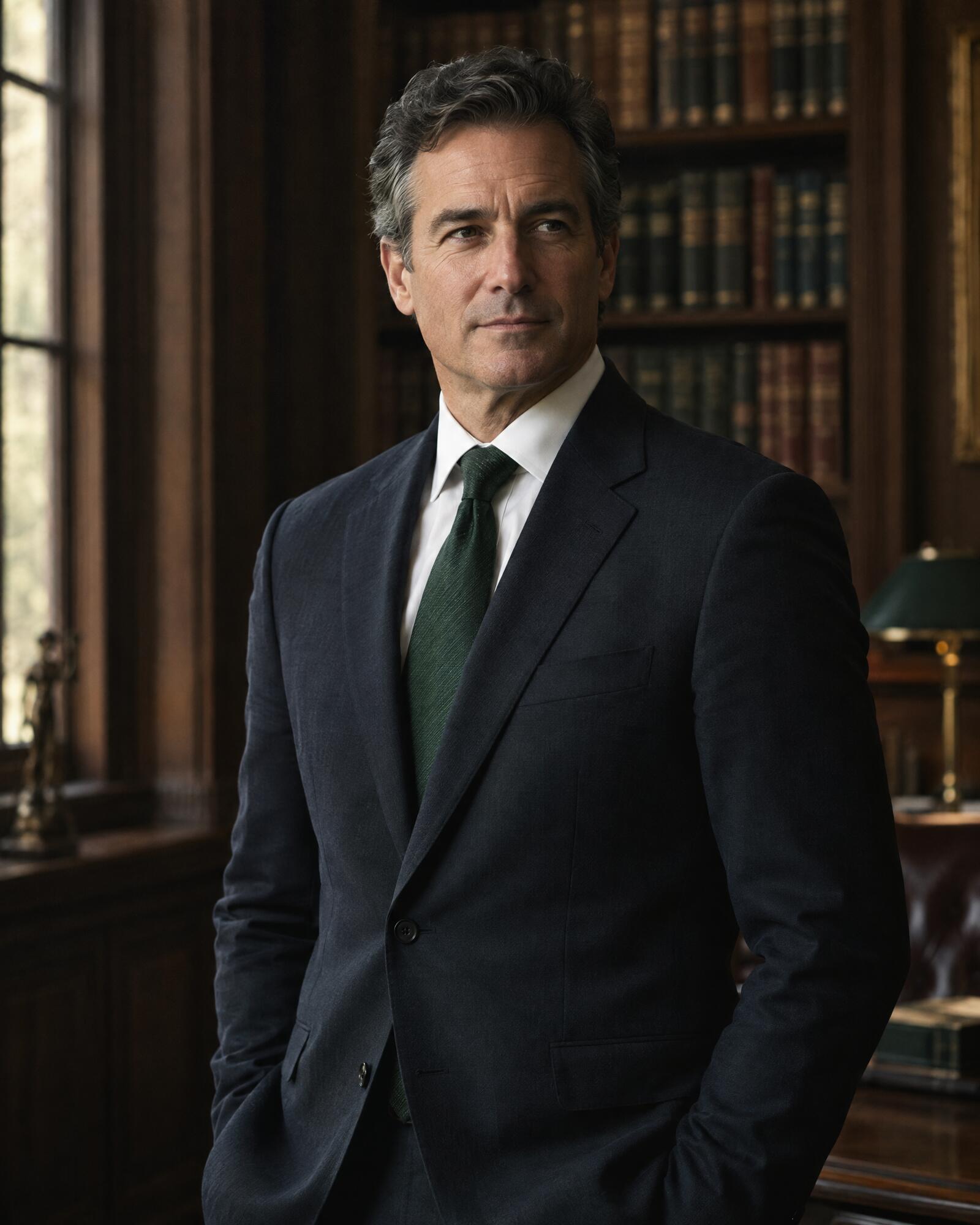 A partner of the firm in a dark suit, standing in a wood-panelled office lined with law books.