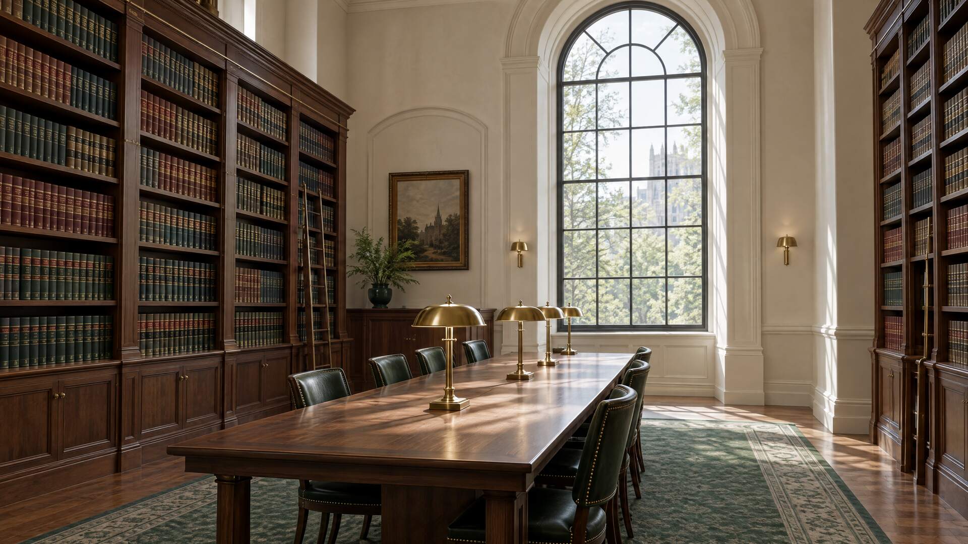 A quiet law library with walnut shelves, brass reading lamps and a tall arched window.