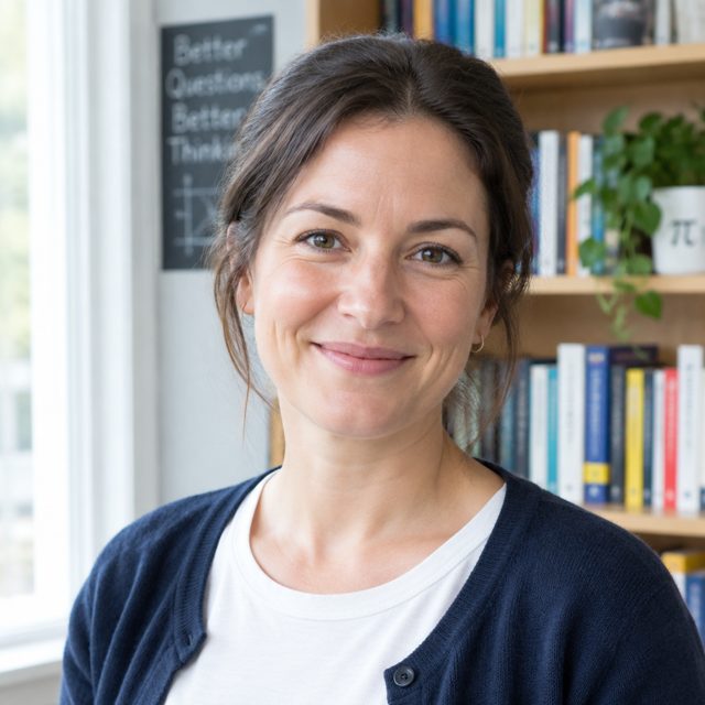 Clare Whitlock smiling in front of a bookshelf