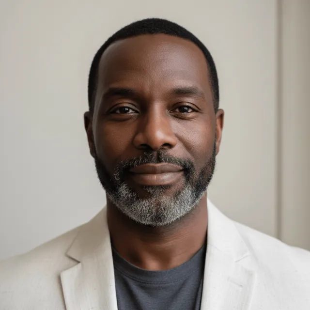 James Okafor in a white jacket, smiling