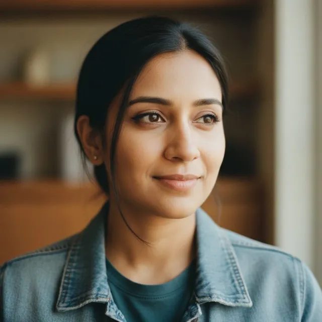 Leila Haddad in a denim jacket beside a bookshelf