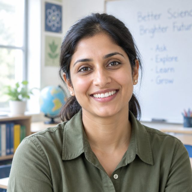 Priya Nair in an olive shirt in a bright classroom