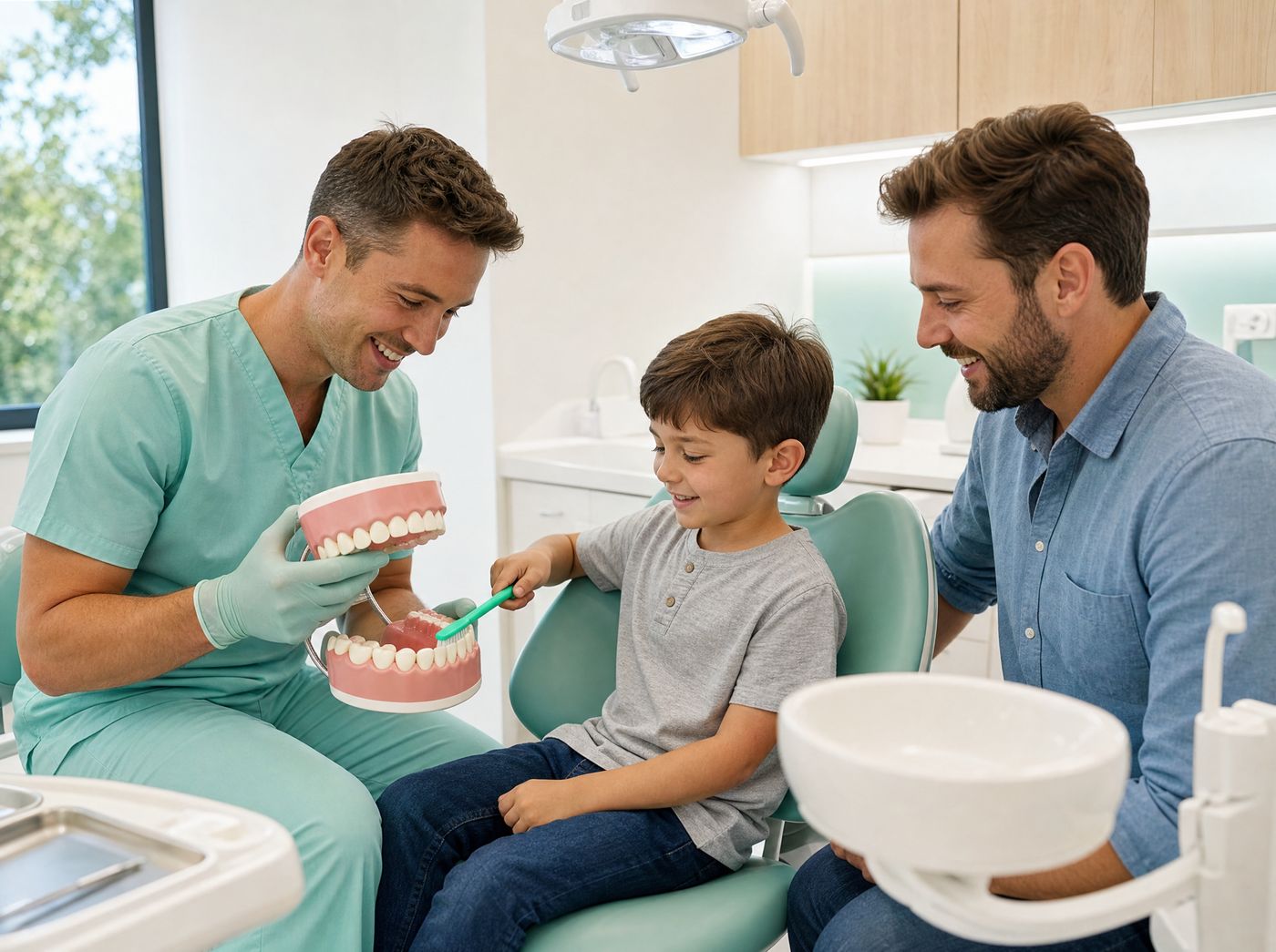 A dentist showing a young boy how to brush on a model of teeth while his father watches