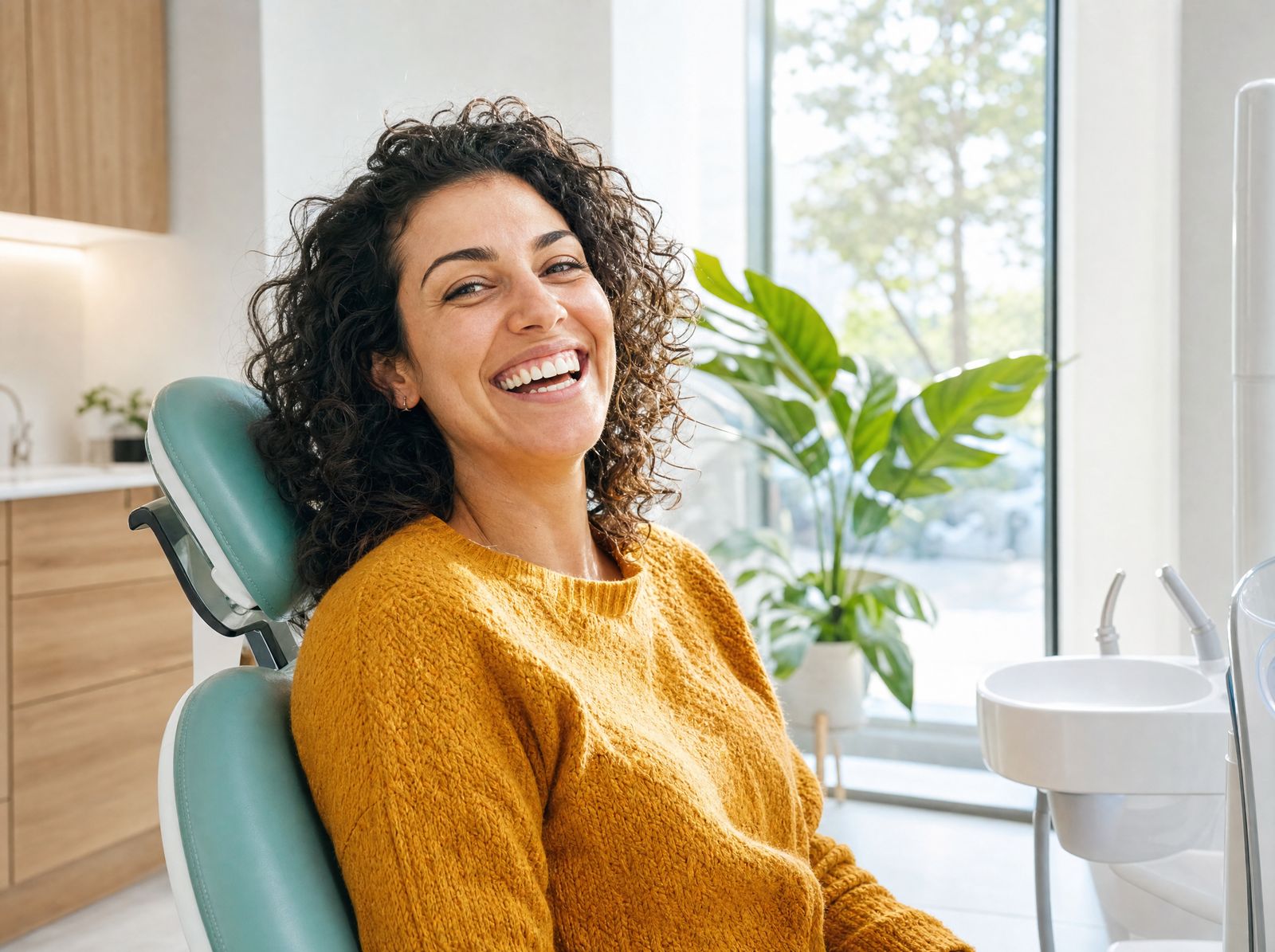 A patient laughing in a mint dental chair beside a sunny window