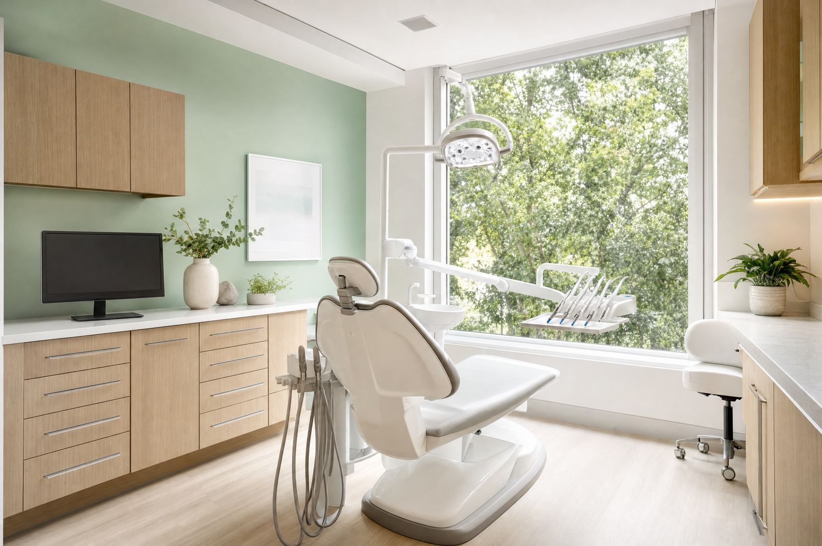 A calm treatment room with a white dental chair, oak cabinets and a mint wall