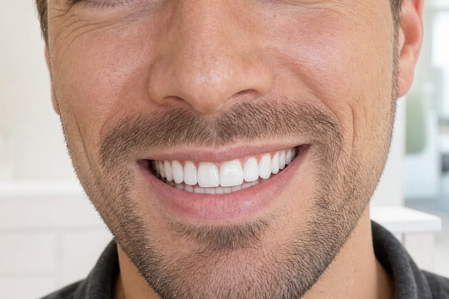 A patient smiling, before and after professional whitening — after