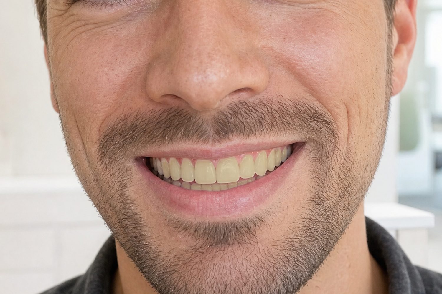 A patient smiling, before and after professional whitening — before