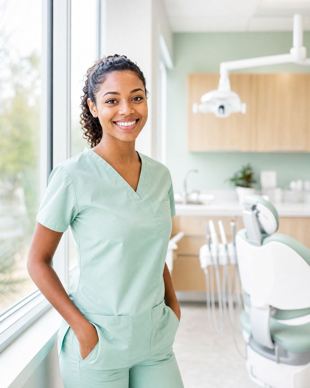 Amara Okafor in mint scrubs, smiling beside a sunny window