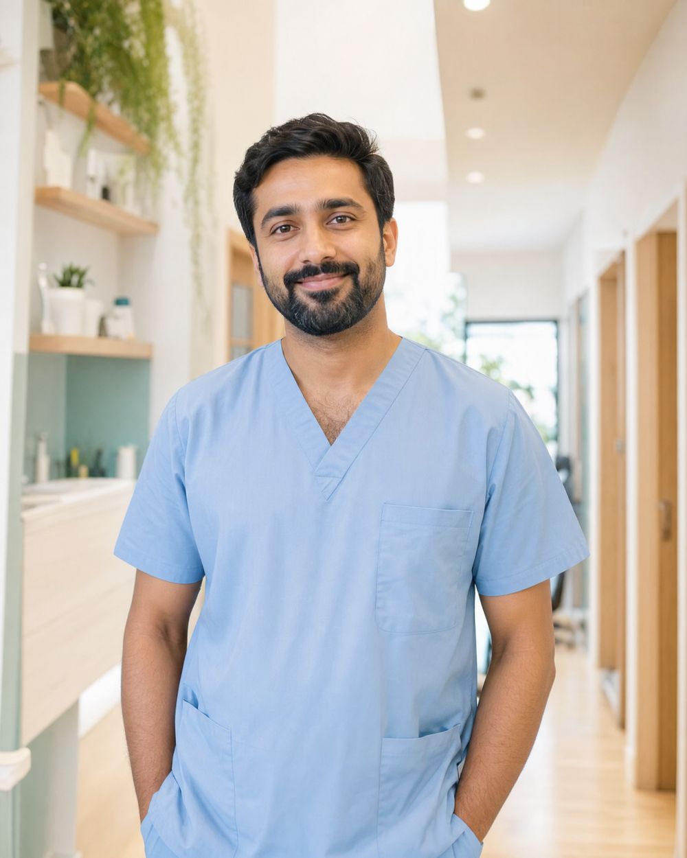 Dr. Arjun Mehta in a light blue scrub top, smiling in the clinic hallway