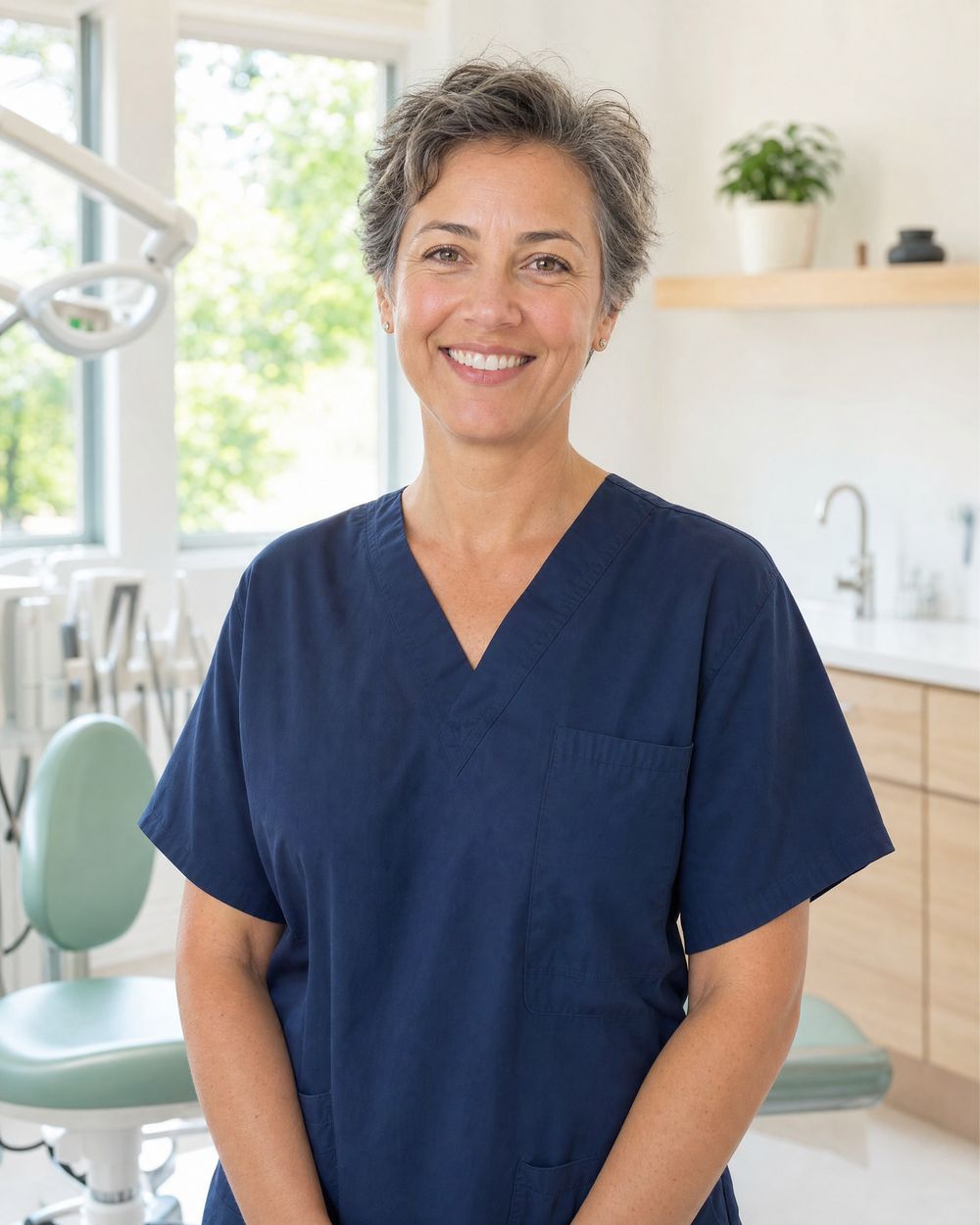 Dr. Helen Marsh in navy scrubs, smiling in a bright treatment room