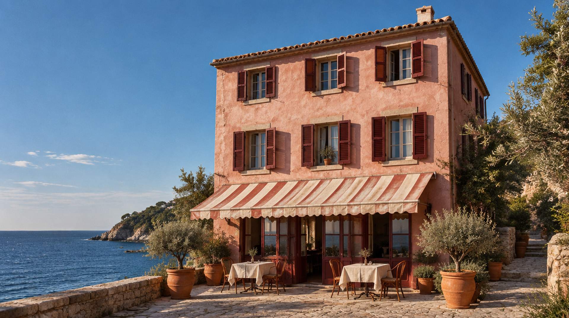 The inn: a rose-plaster house with claret shutters and a striped awning over its terrace, above the sea
