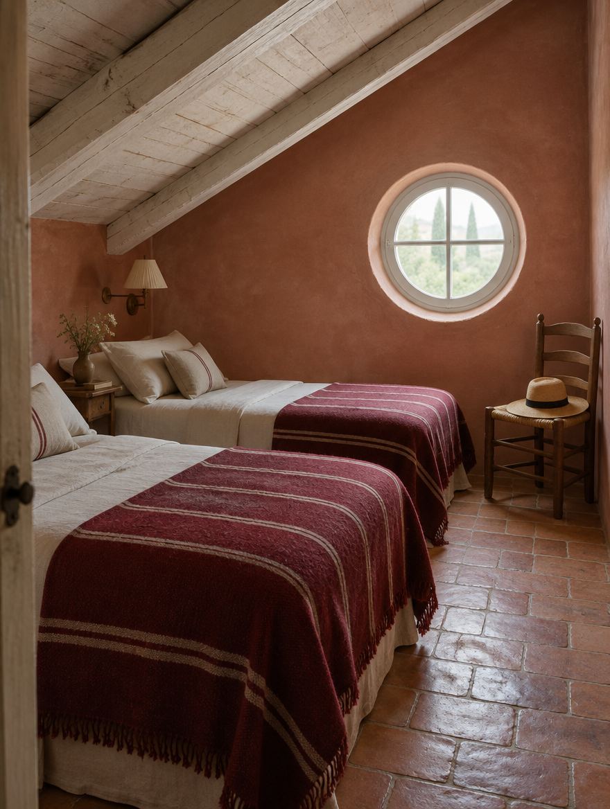 Two single beds with striped red blankets under sloping timber beams and a round window
