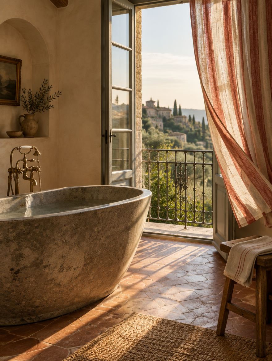 A freestanding stone bathtub beside open French doors and a small balcony in golden light