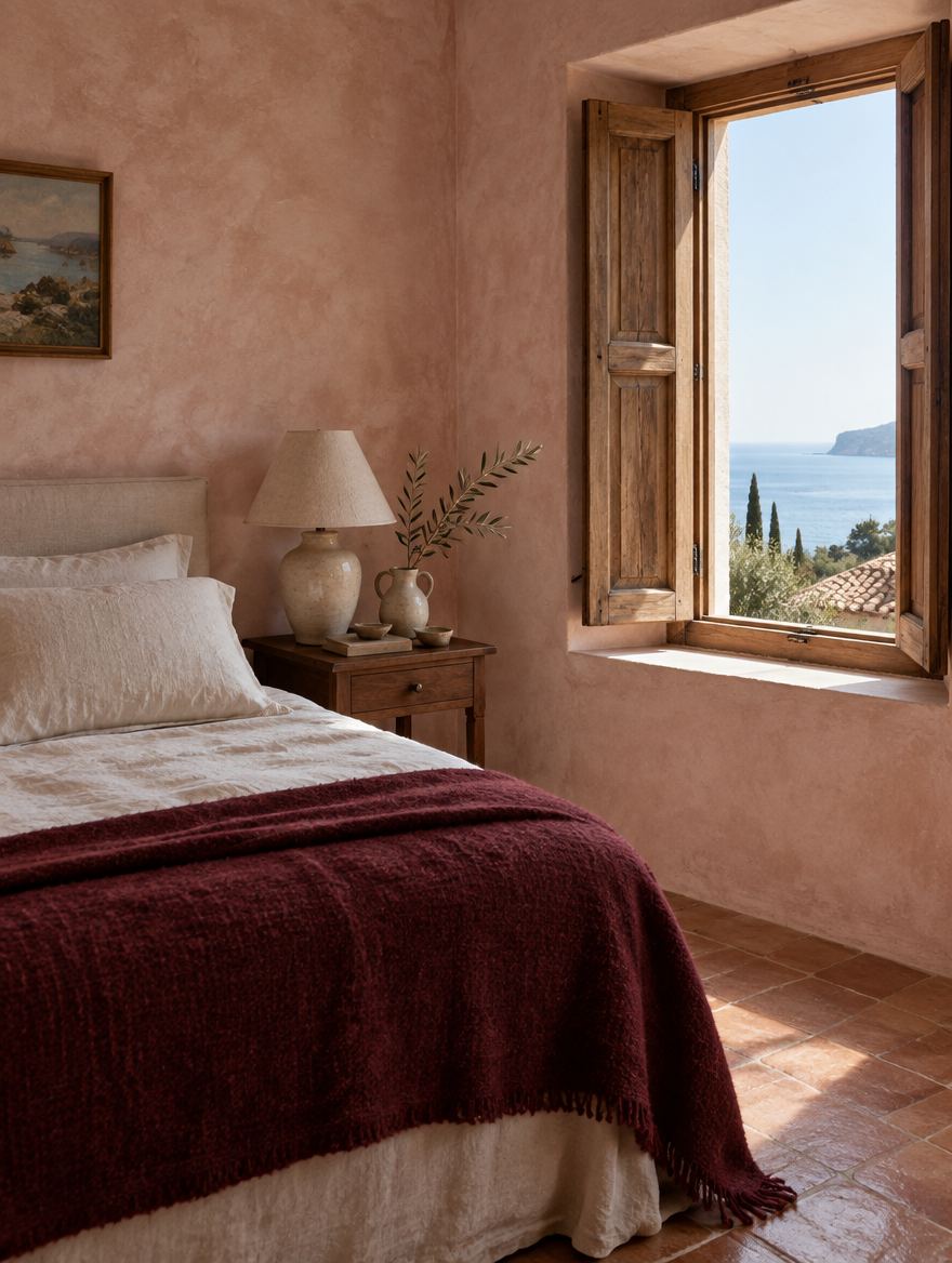 A linen-dressed bed with a claret throw beside an open shuttered window looking out to the sea