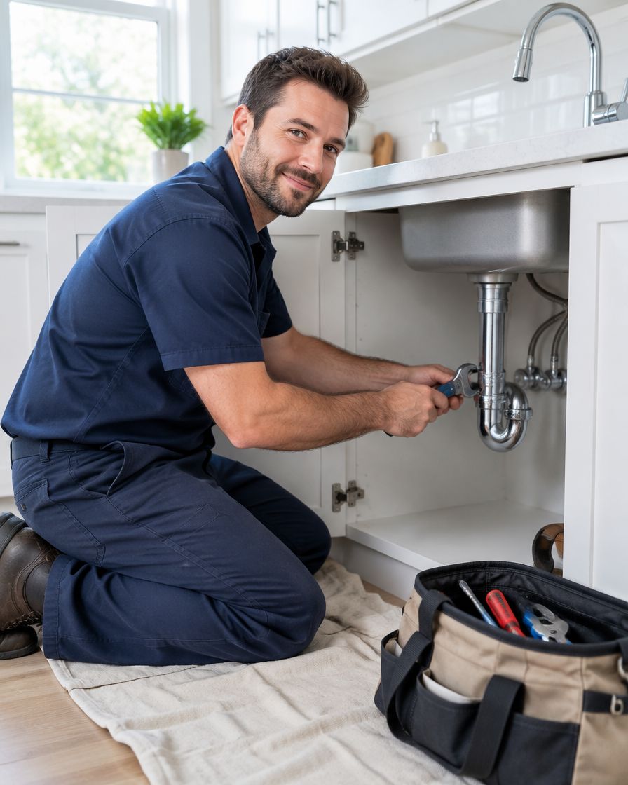 A plumber kneeling at an open kitchen sink cabinet, fitting a new chrome drain trap, with his tool bag on a drop cloth.