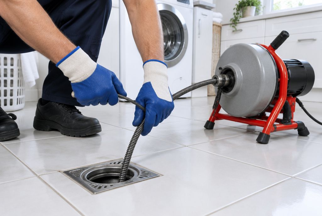 A plumber in blue gloves feeding a drain cable into a floor drain in a bright white laundry room.
