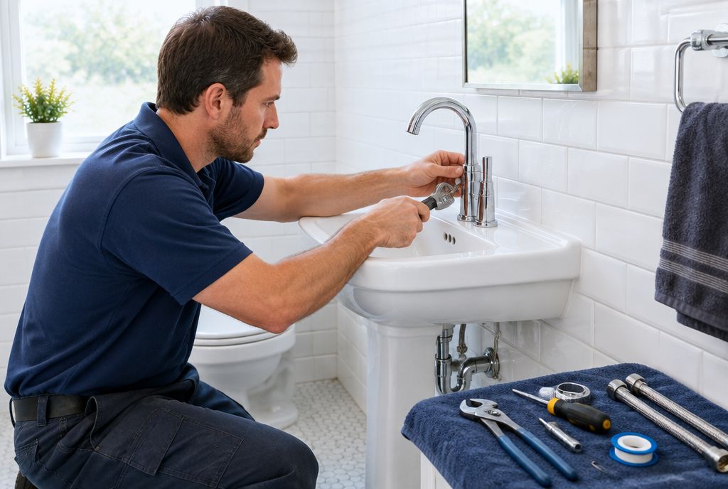 A plumber installing a new chrome faucet on a white basin in a bathroom with white subway tile.