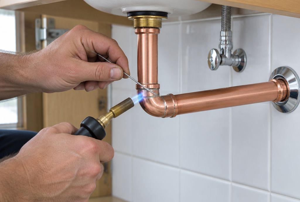 A plumber's hands soldering a new copper elbow under a bathroom vanity, a small blue flame at the joint.