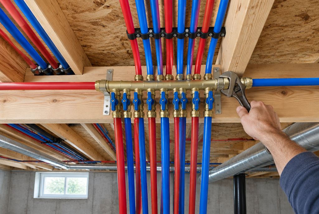 New red and blue PEX water lines running neatly through basement joists to a brass manifold with blue shutoff valves.