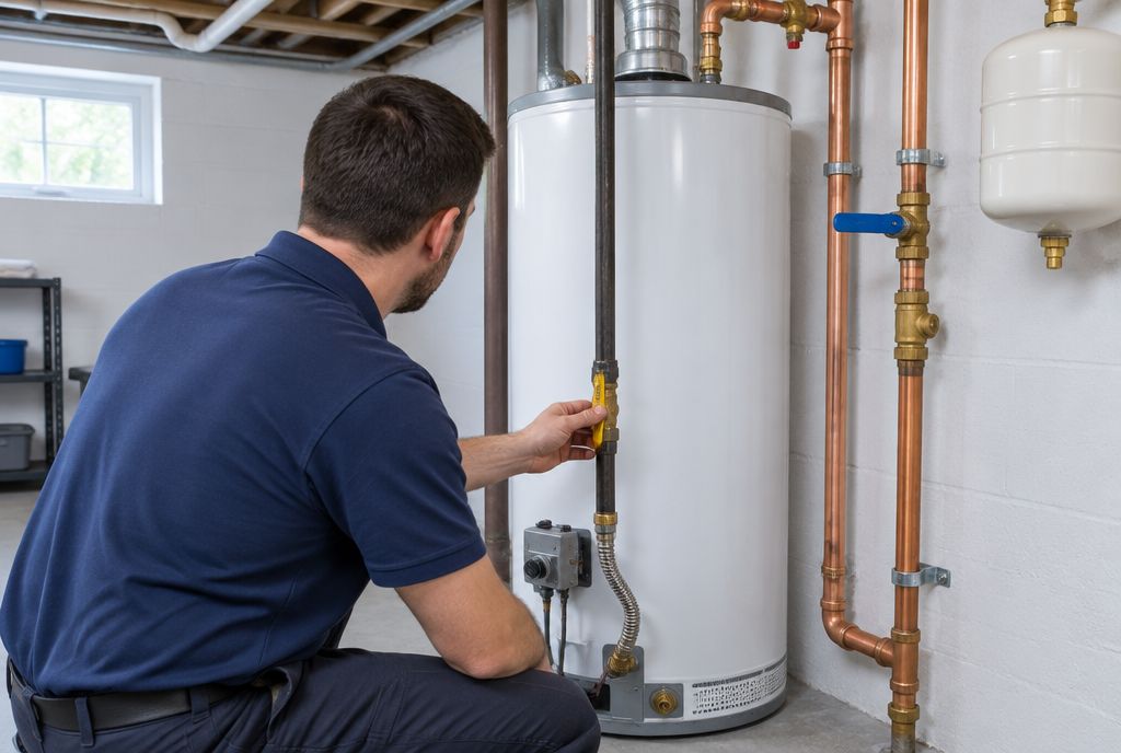 A plumber checking the gas valve on a newly installed white tank water heater with fresh copper and brass pipework.
