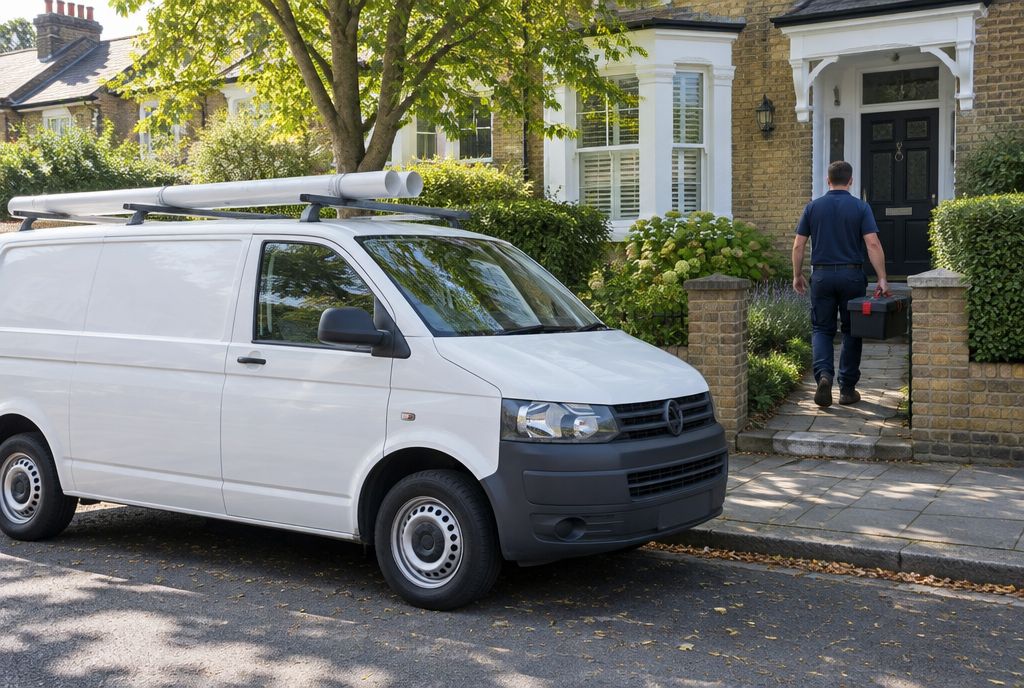 A white plumbing van parked on a leafy street while a plumber carries a toolbox up to a front door.