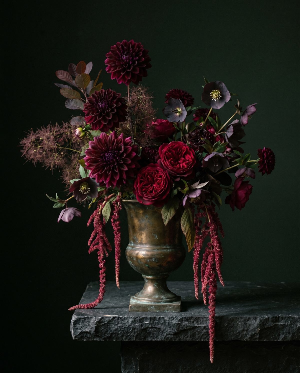 A tall arrangement of burgundy dahlias, dark roses, hellebores, and trailing amaranthus in a bronze urn.