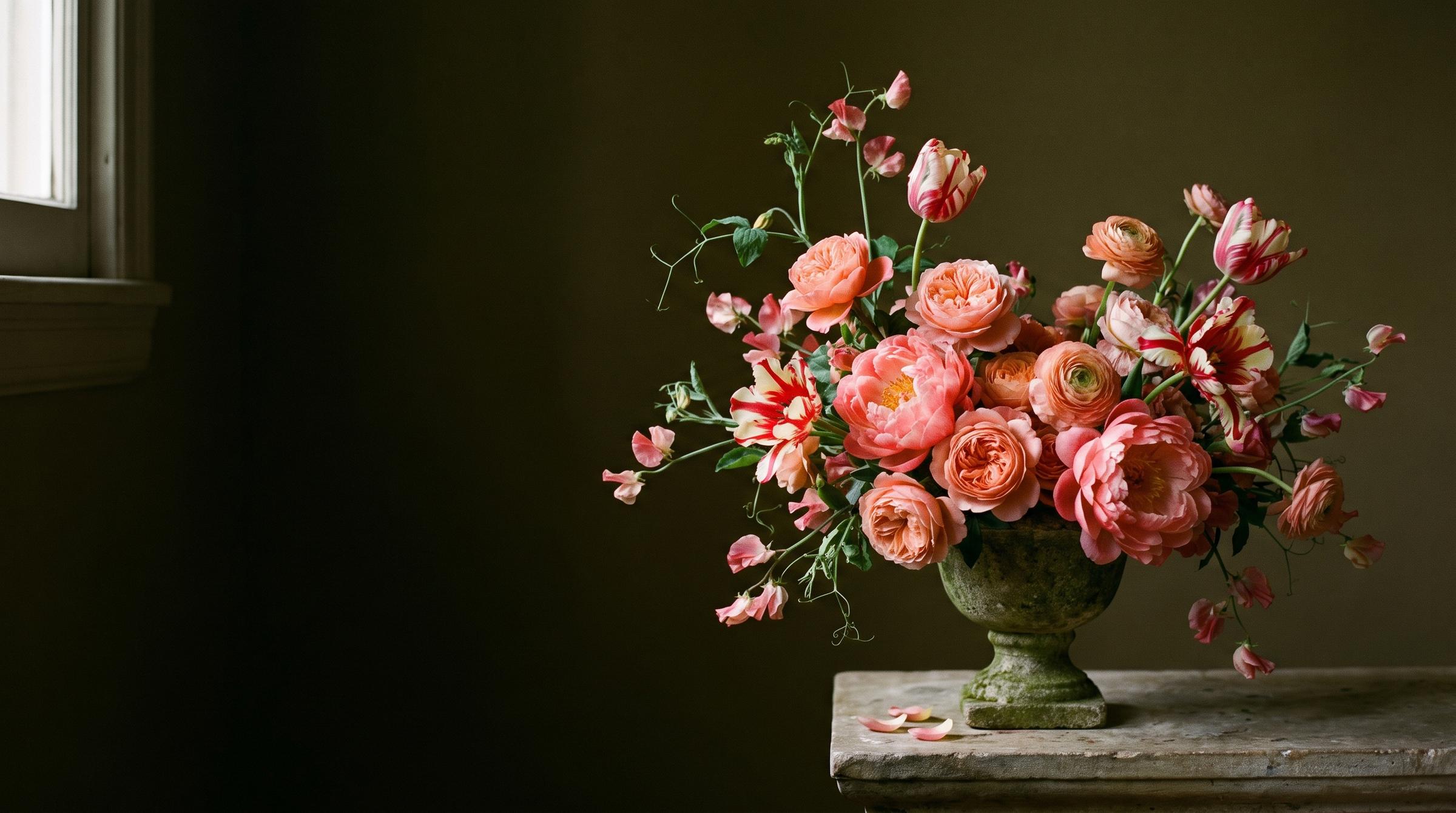A loose arrangement of coral garden roses, peonies, ranunculus, and flamed parrot tulips in a stone urn on a worn ledge.