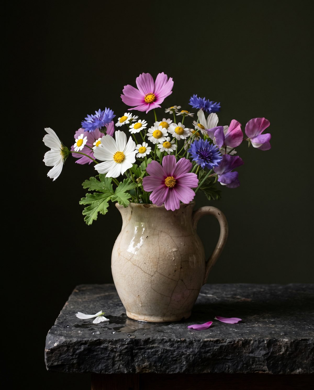 A small posy of cosmos, feverfew, cornflowers, and sweet pea in an old ceramic jug.