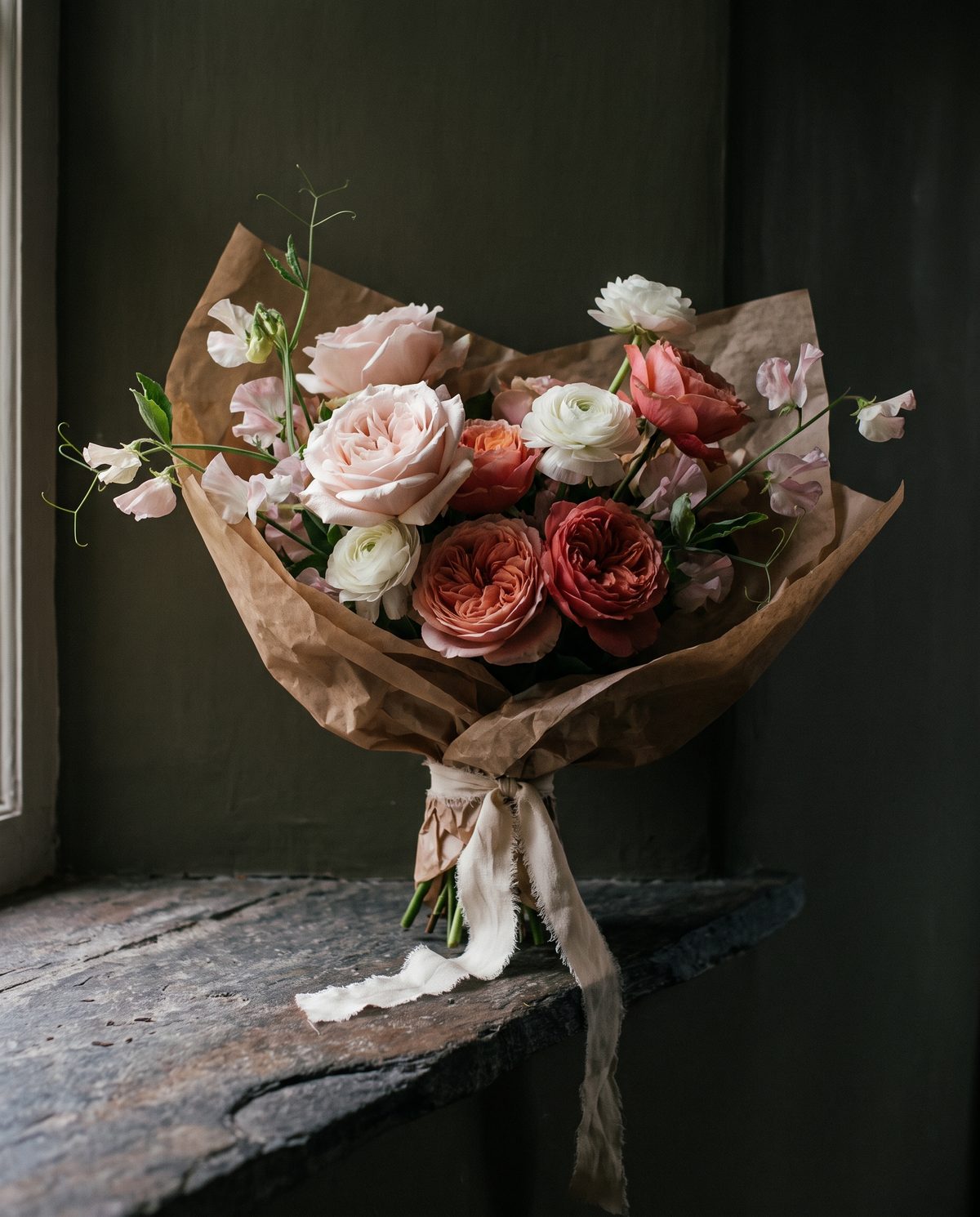 A hand-tied bouquet of blush garden roses, white ranunculus, and sweet pea wrapped in tissue and tied with ribbon.