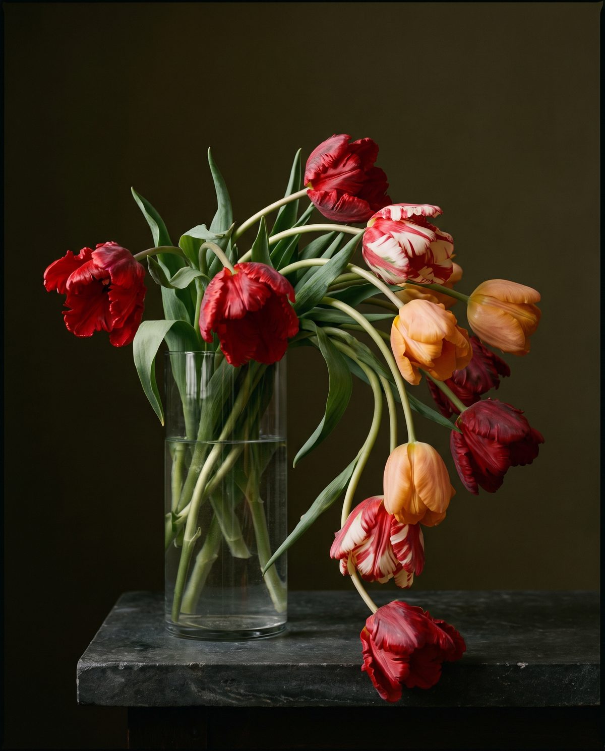 Red, flamed, and apricot parrot tulips curving out of a tall glass vase.