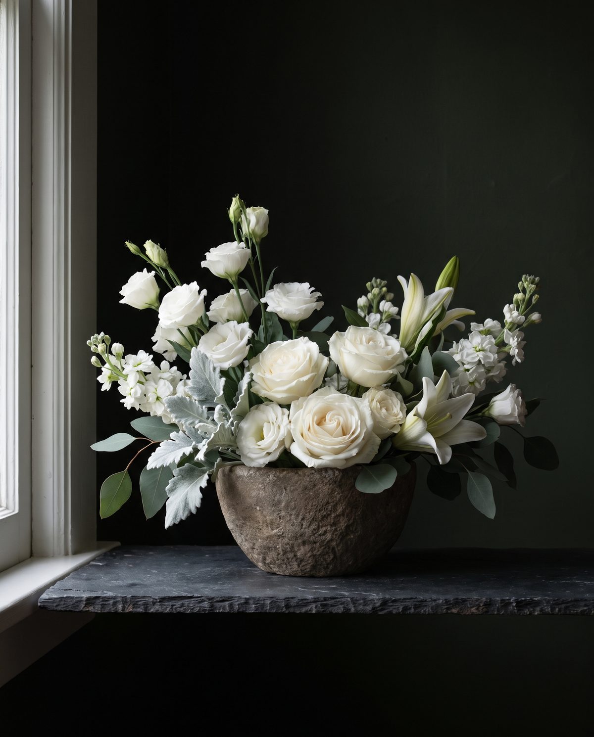 A calm arrangement of white roses, lisianthus, stock, and silver foliage in a low stone vessel.