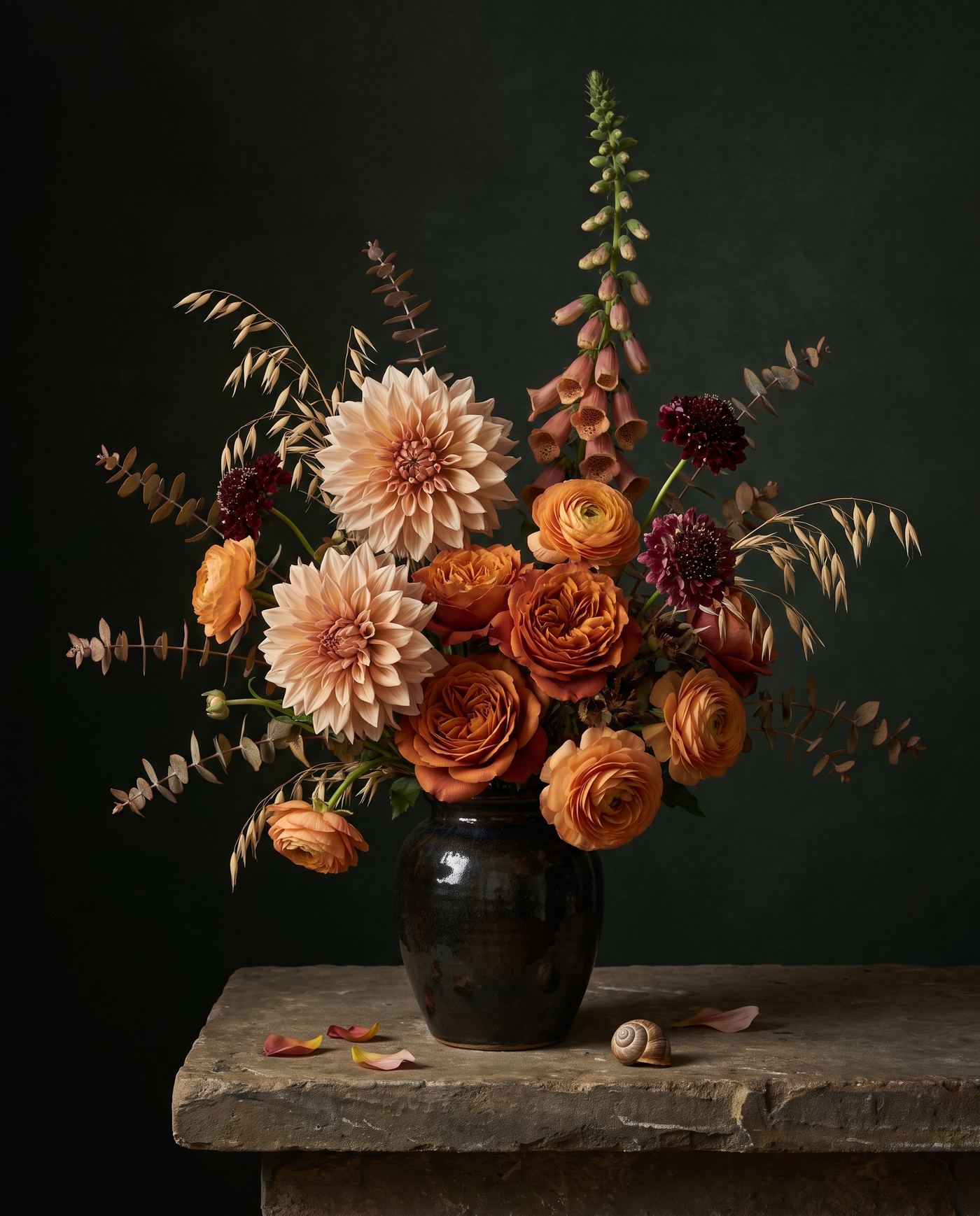 A tall autumn bouquet of café au lait dahlias, rust garden roses, apricot ranunculus, burgundy scabiosa, a foxglove, and oat grass in a dark glazed vase.