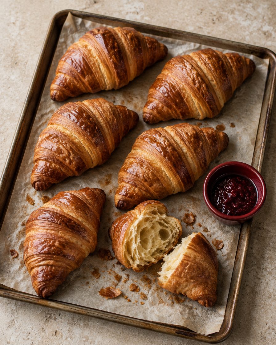 A tray of butter croissants on parchment, one torn open to show its layers, beside a small red dish of jam