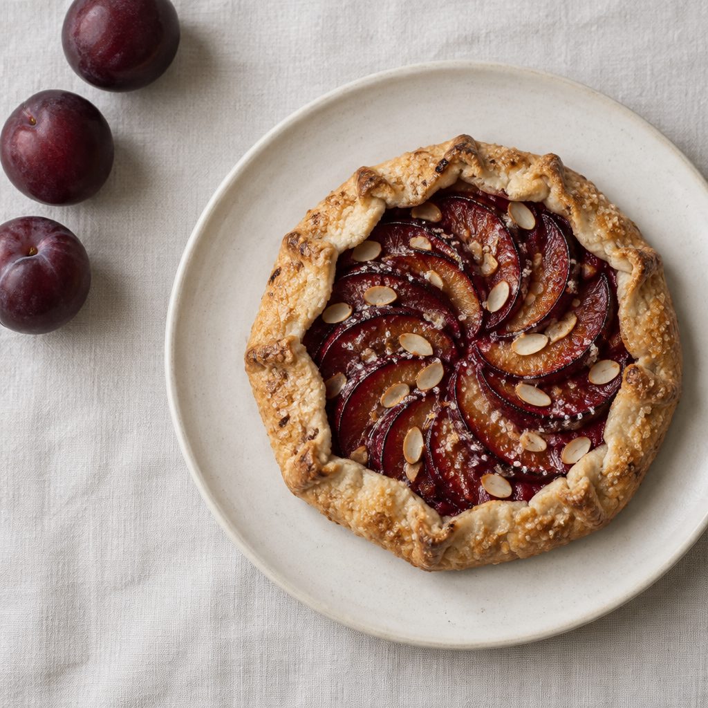 A rustic plum and almond galette with fanned roasted plum slices on a white plate, whole plums beside it