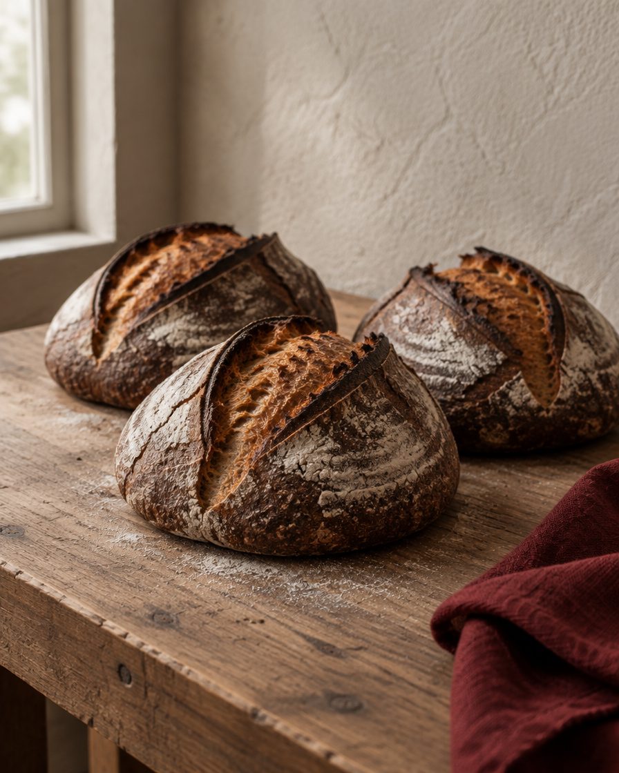 Three dark-crusted sourdough loaves dusted with flour on an oak bench, beside a folded red linen cloth