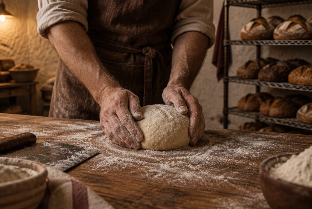 A baker’s floured hands shaping a round of dough on a wooden bench, cooling racks of bread behind