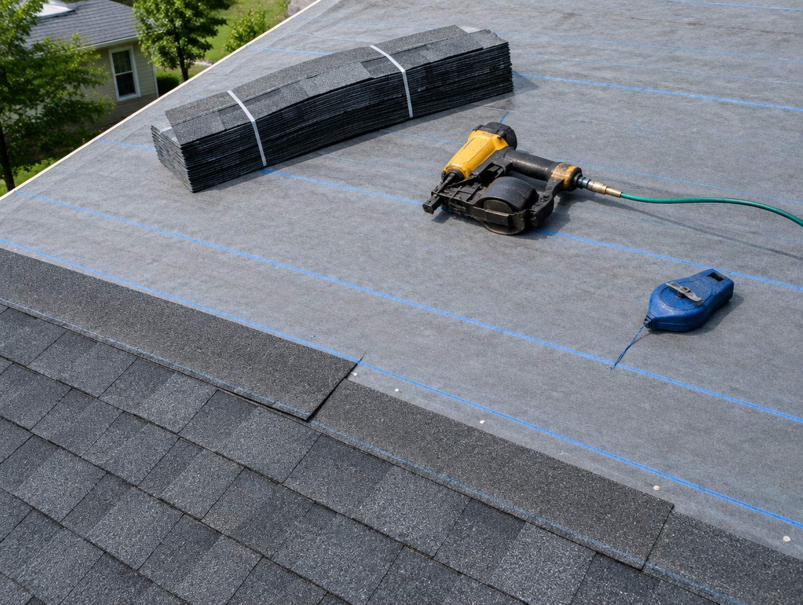 New charcoal shingles going down over grey underlayment marked with straight blue chalk lines, a nail gun and a chalk reel on the deck.