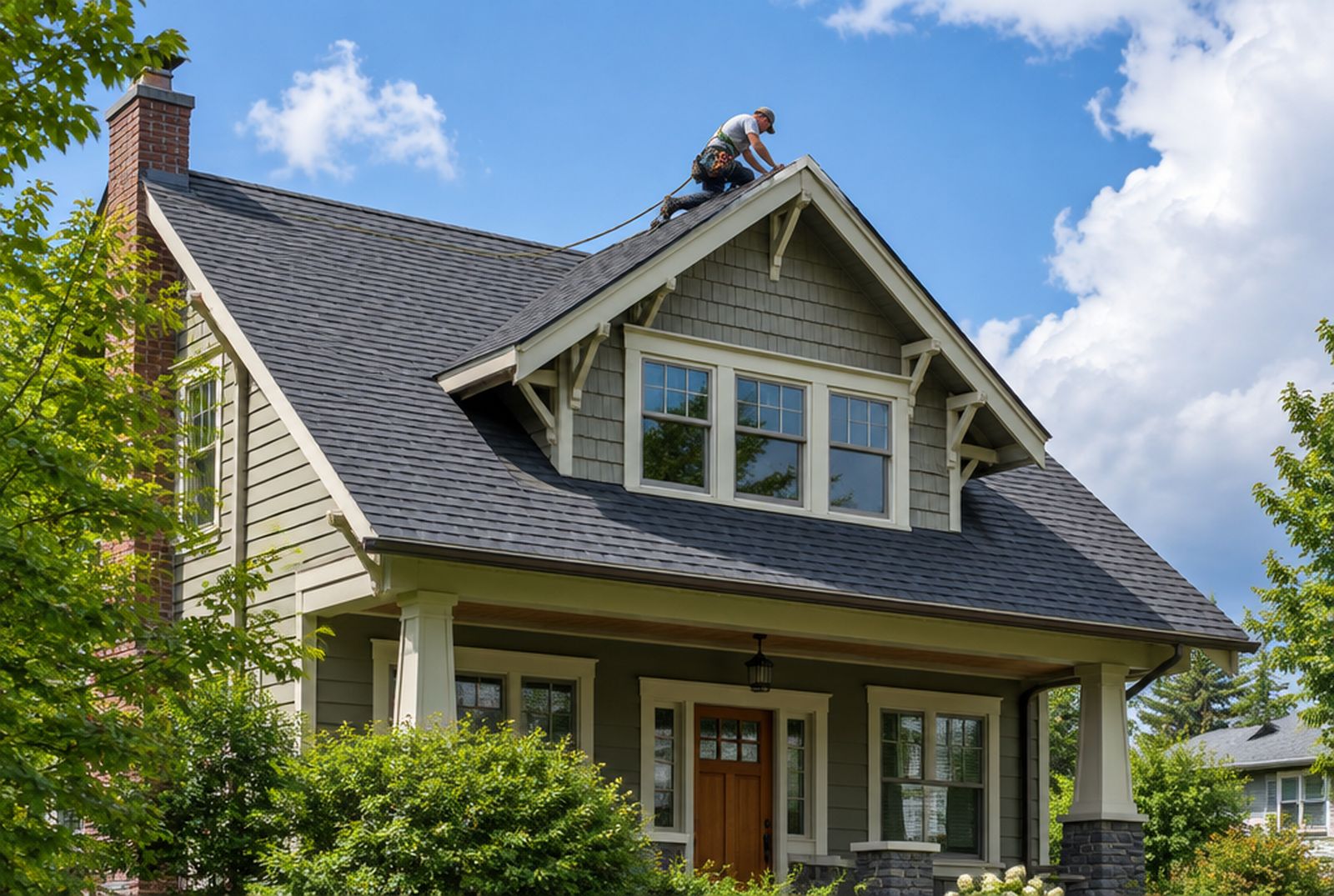 A craftsman house with a new charcoal shingle roof, a roofer finishing the ridge under a clearing blue sky.