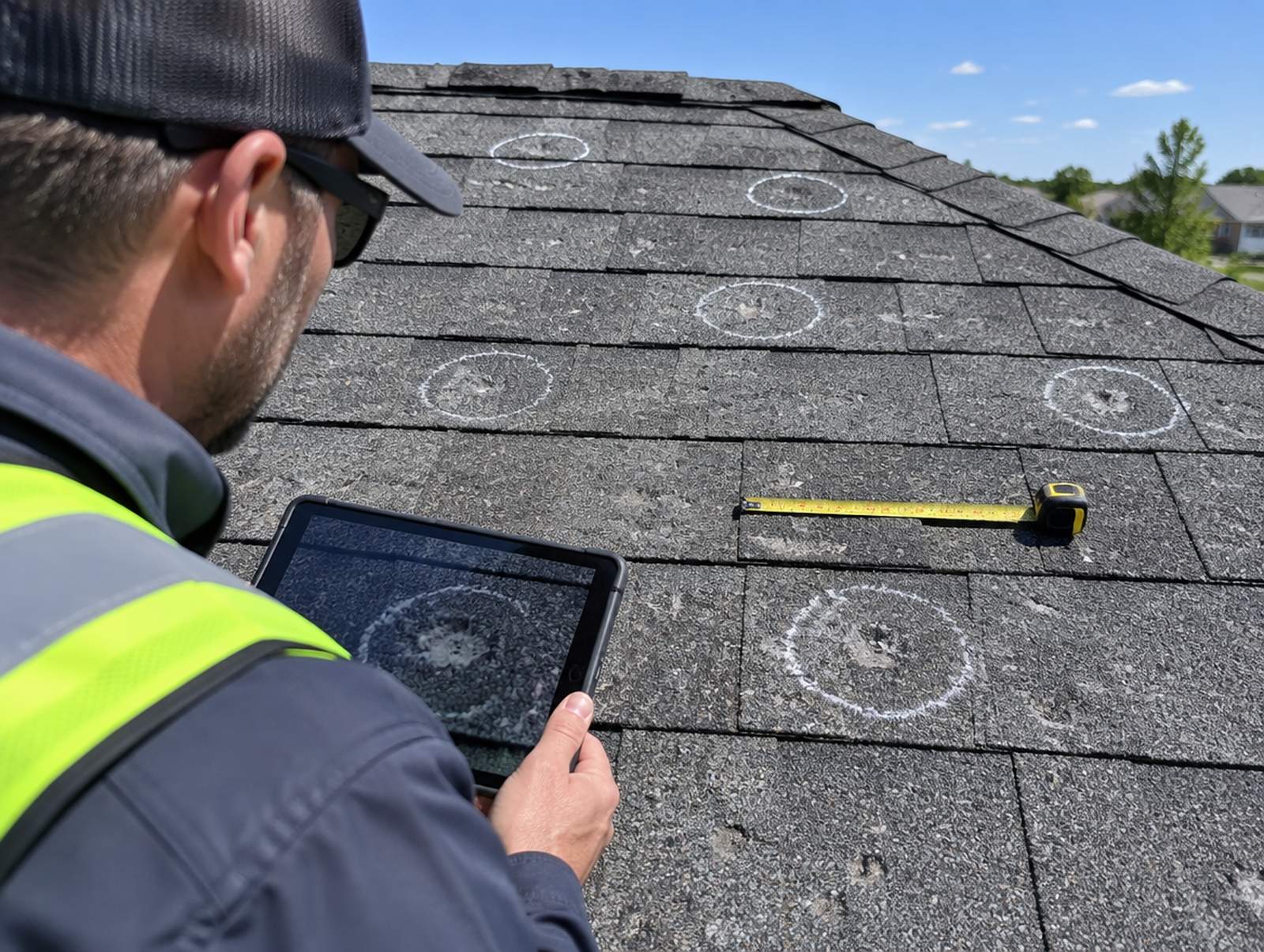 A roof inspector holding a tablet over grey shingles with hail hits circled in white chalk and a tape measure laid across them.