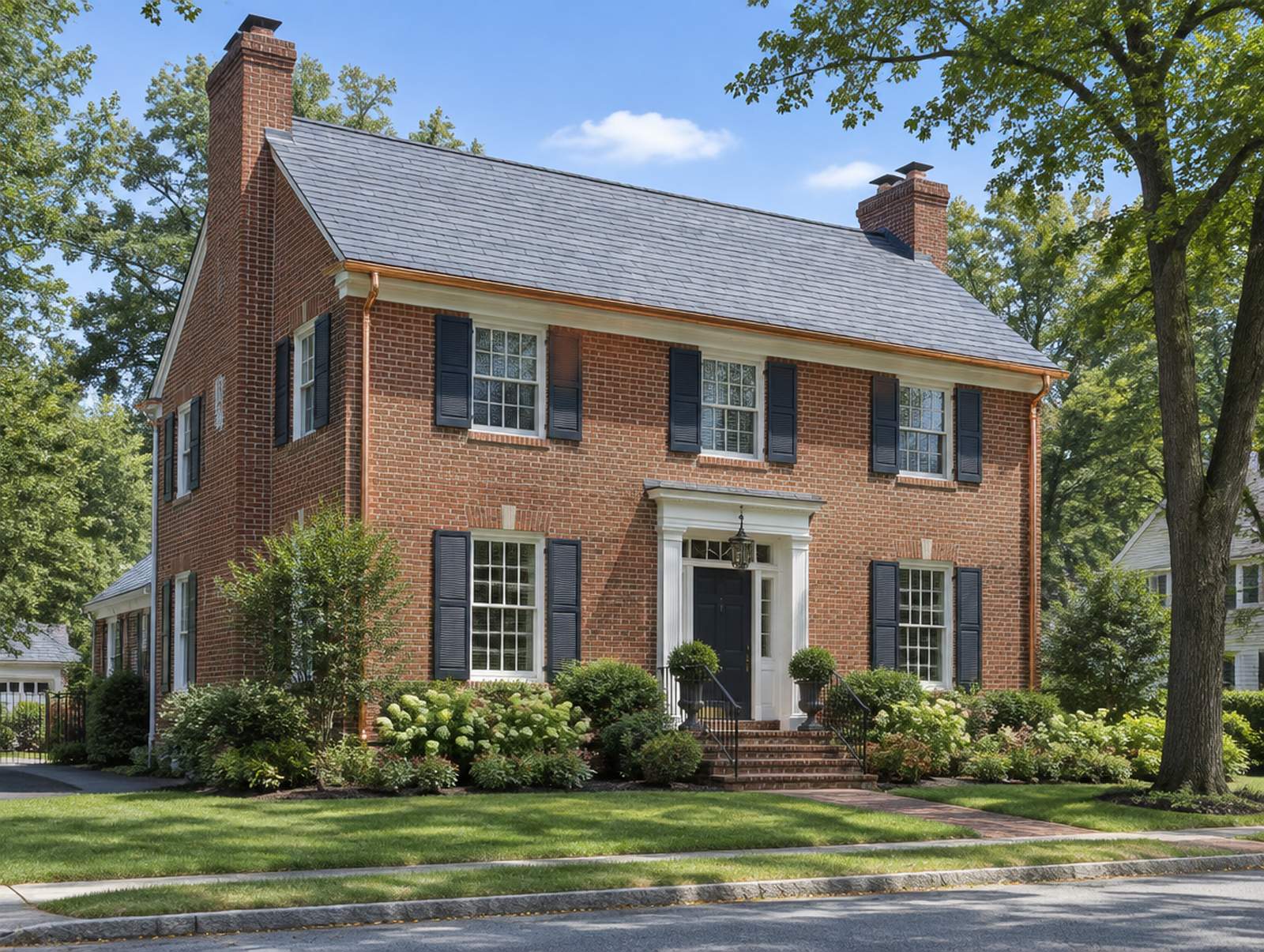 A red-brick colonial house with a new slate-grey shingle roof and copper gutters under a blue sky.