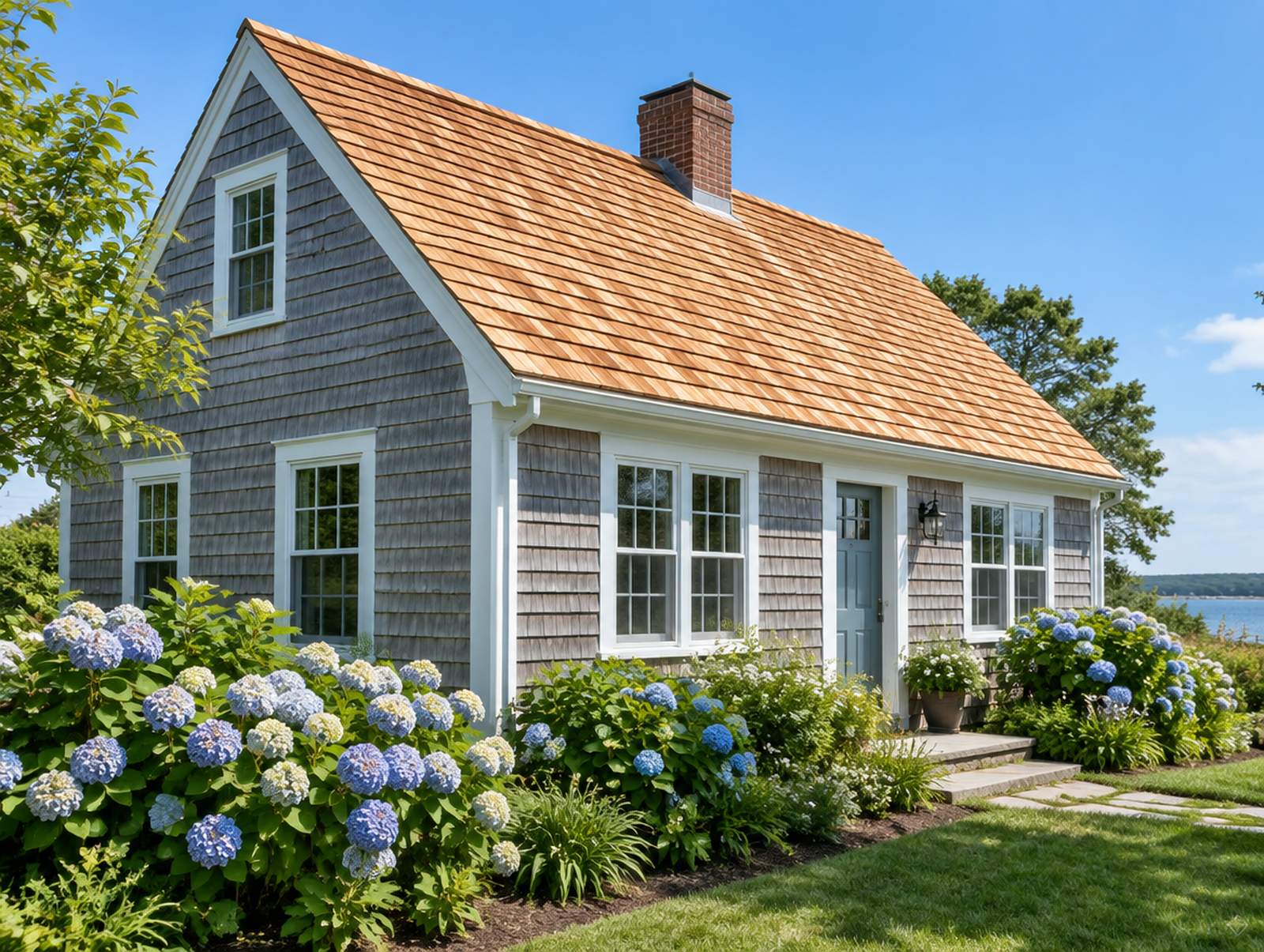 A small cottage with a new honey-coloured cedar shake roof and white trim, hydrangeas in front.
