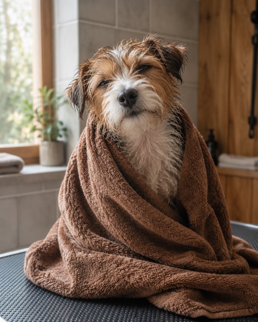 A small wire-haired terrier wrapped in a brown towel on a grooming table after a bath.