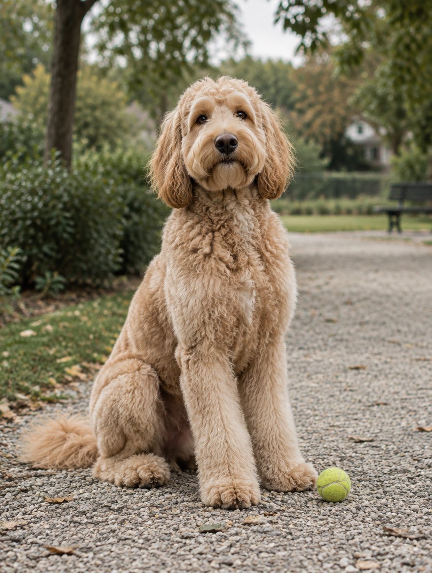 A freshly groomed apricot doodle sitting on a gravel park path beside a tennis ball.