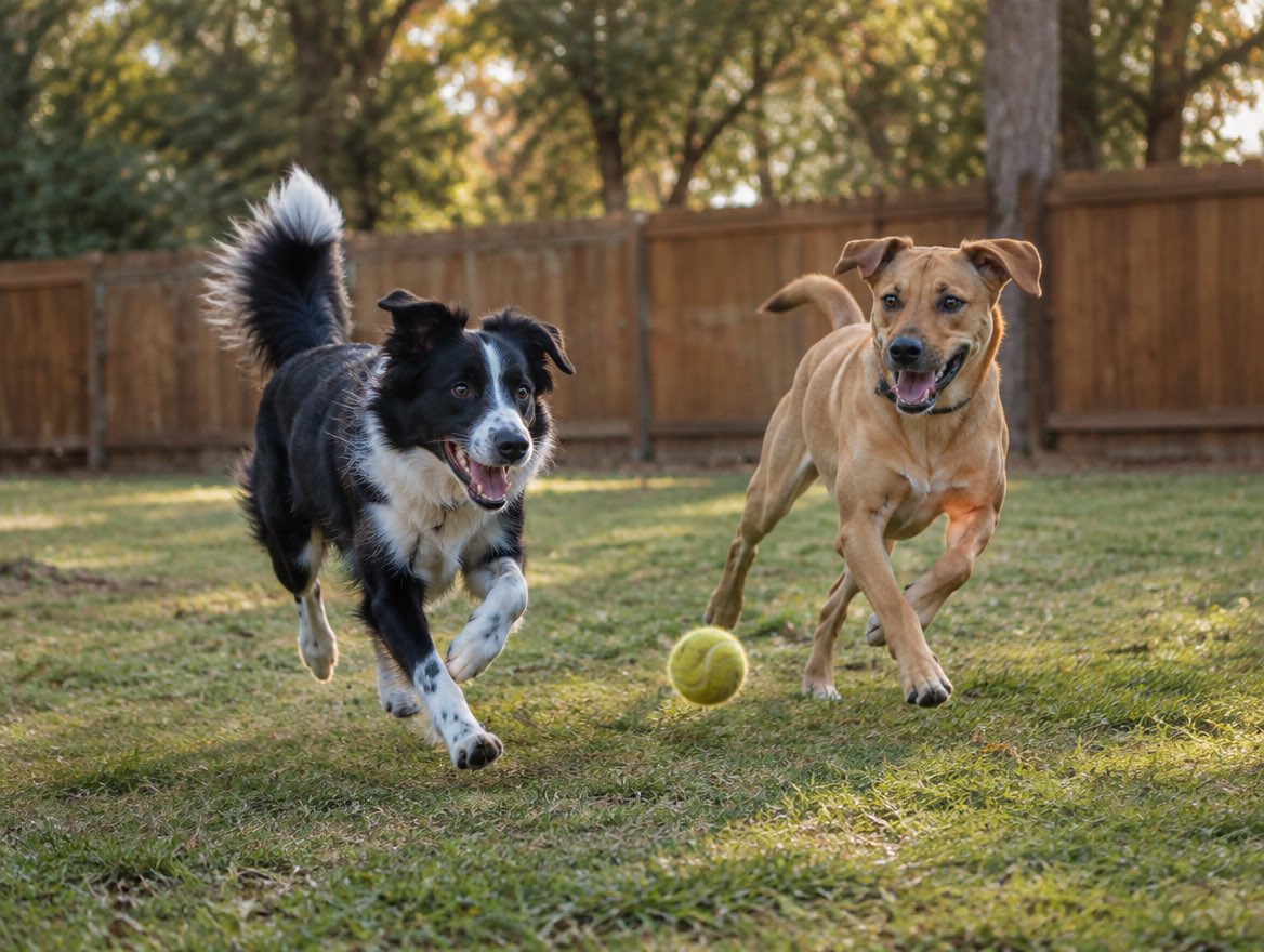 A border collie and a tan mixed-breed dog racing after a tennis ball across a fenced grassy yard.