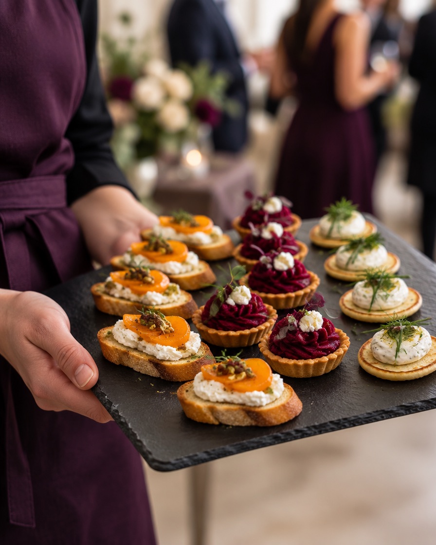 A server carrying a slate tray of persimmon crostini, beet tartlets and herb blini through a reception