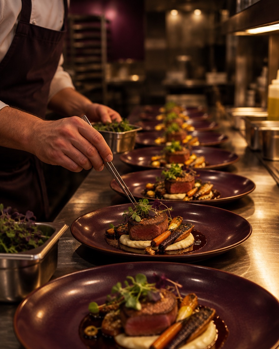 A chef finishing a row of plated short rib dishes with micro herbs at the pass