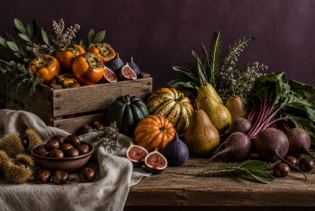 A still life of autumn produce — persimmons, figs, squash, pears, beets and chestnuts — against a plum wall