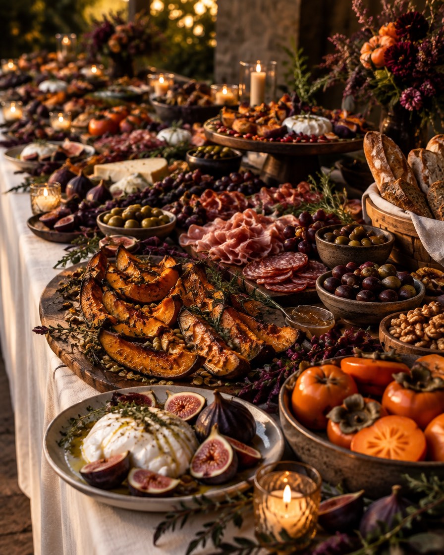 A long candlelit grazing table set with roasted squash, burrata and figs, cured meats, persimmons, olives and bread