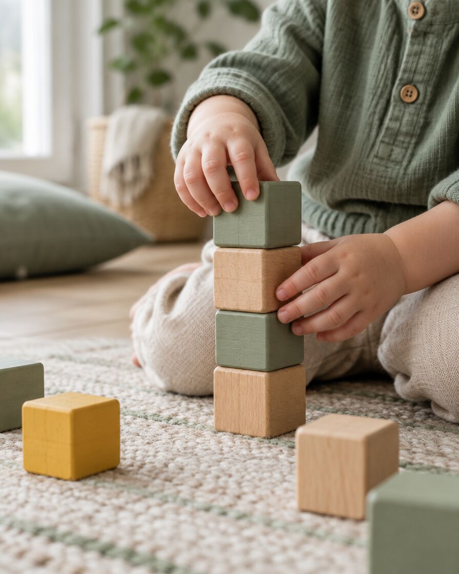 A toddler stacking natural wooden blocks on a light oak floor